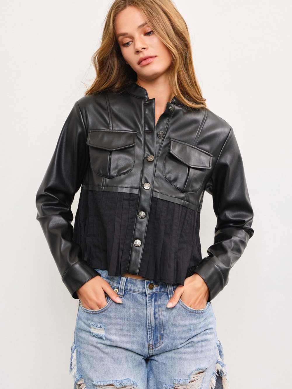 Black Faux Leather Button-Front Jacket with Pleated Waist